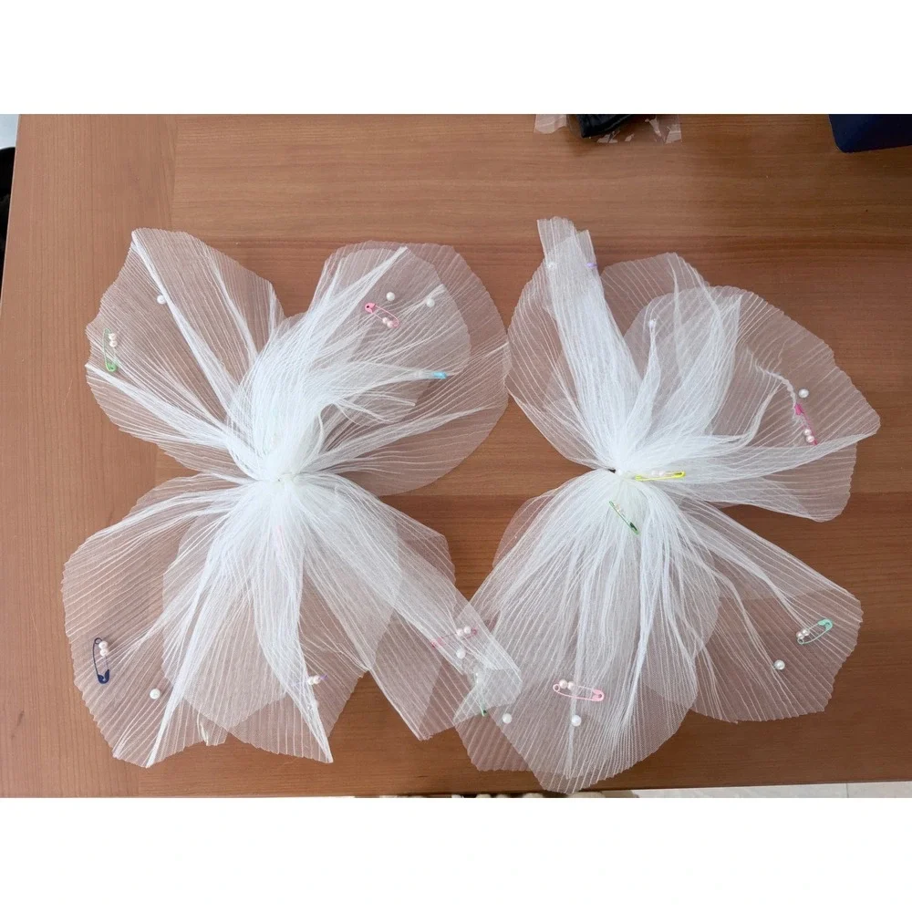 White Tulle Bow‎ Hair Clip Bridal Veil Pearl Safety Pin Embellished